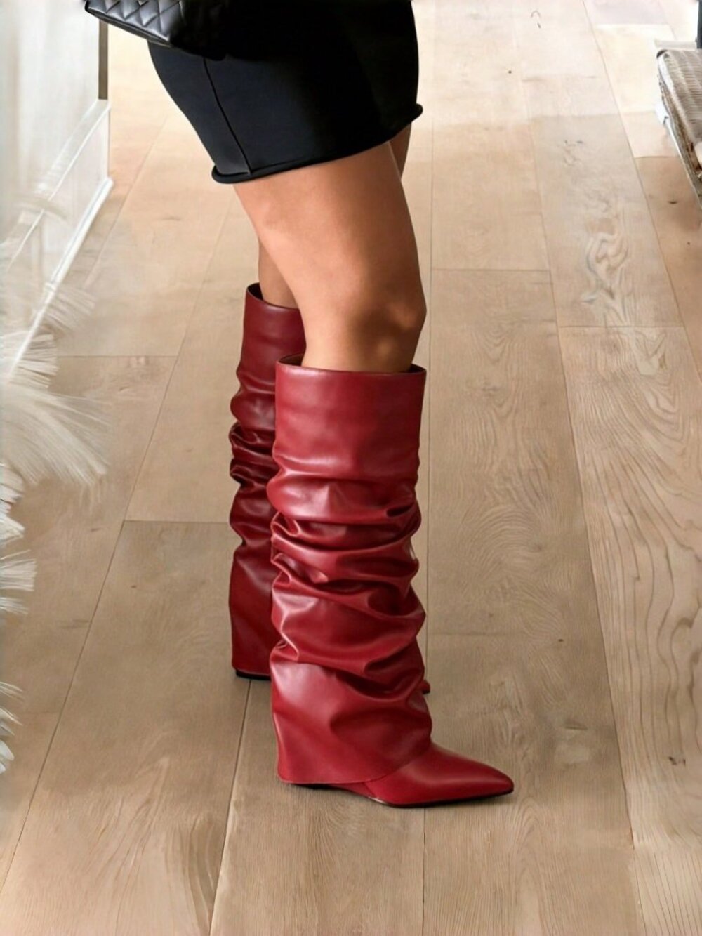 Red Party Women's Pointed Toe Fold Over Slouchy High Heels - Picture 4 of 6